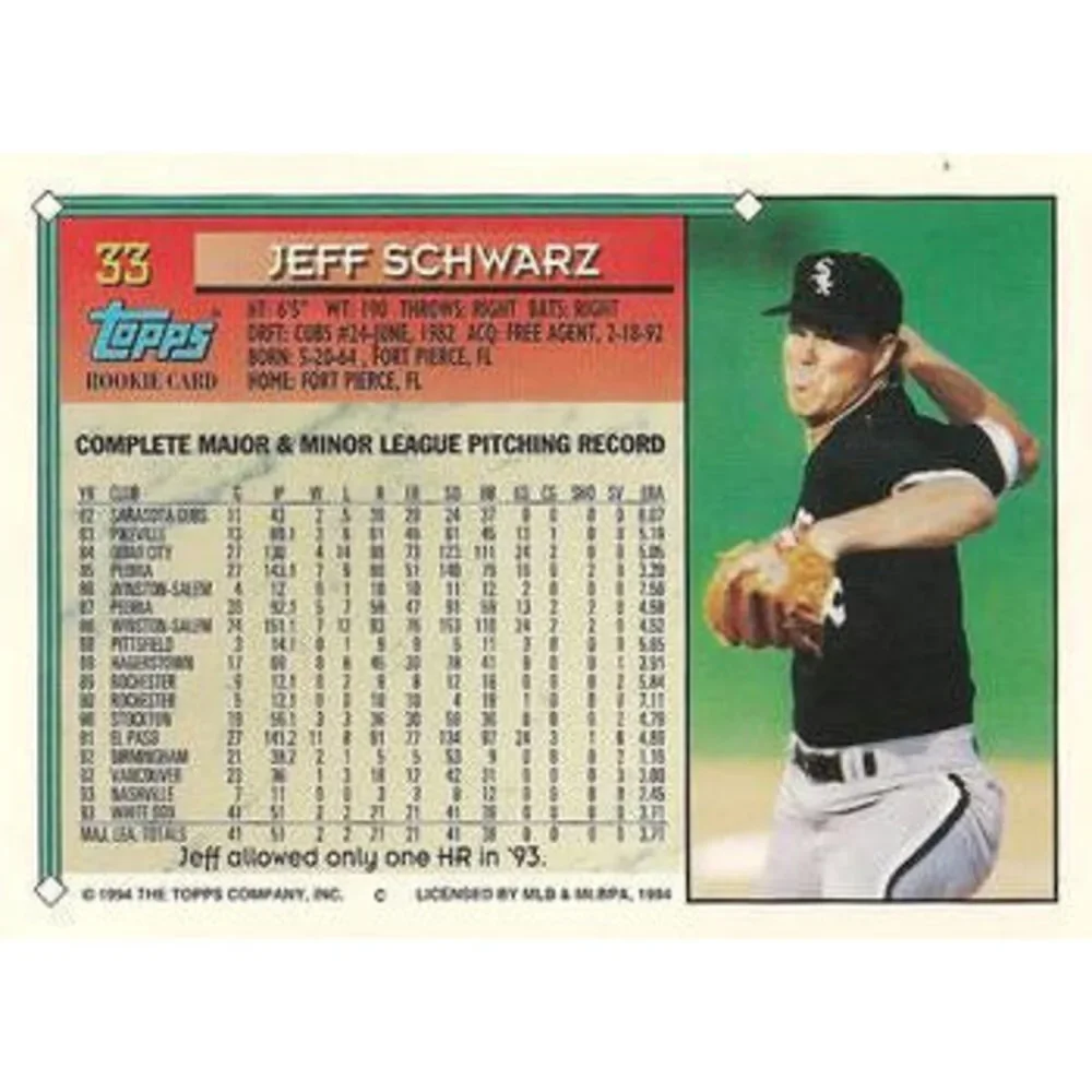 1994 Topps Jeff Schwarz RC # 33 Chicago White Sox